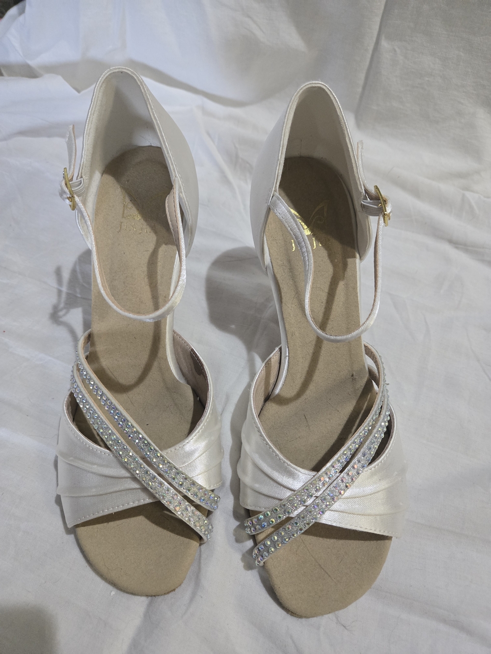 Women's Ivory Satin Ankle-Strap Heels with Crystal Straps